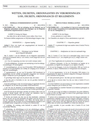 Capture d'écran du Moniteur belge publiant la loi du 4 décembre 2012