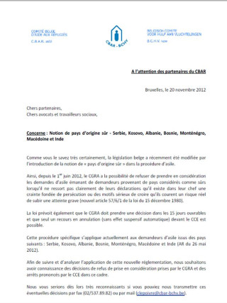 brief van CBAR BCHV over safe countries of origin